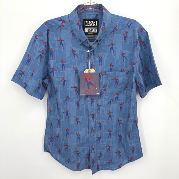 Marvel RSVLTS Spider-Man The Meme KUNUFLEX Short Sleeve Shirt Blue Medium - Picture 1 of 10
